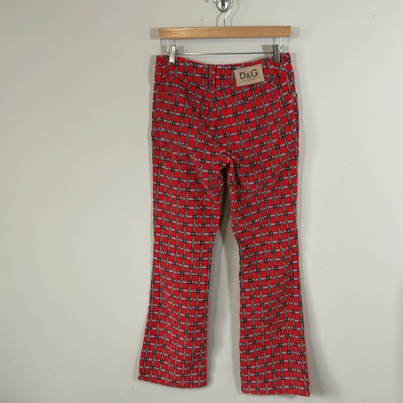 Dolce and Gabbana Velvet Pants Belt Check Print Red Checkered Womens Y2K D&G 10 - Picture 6 of 13